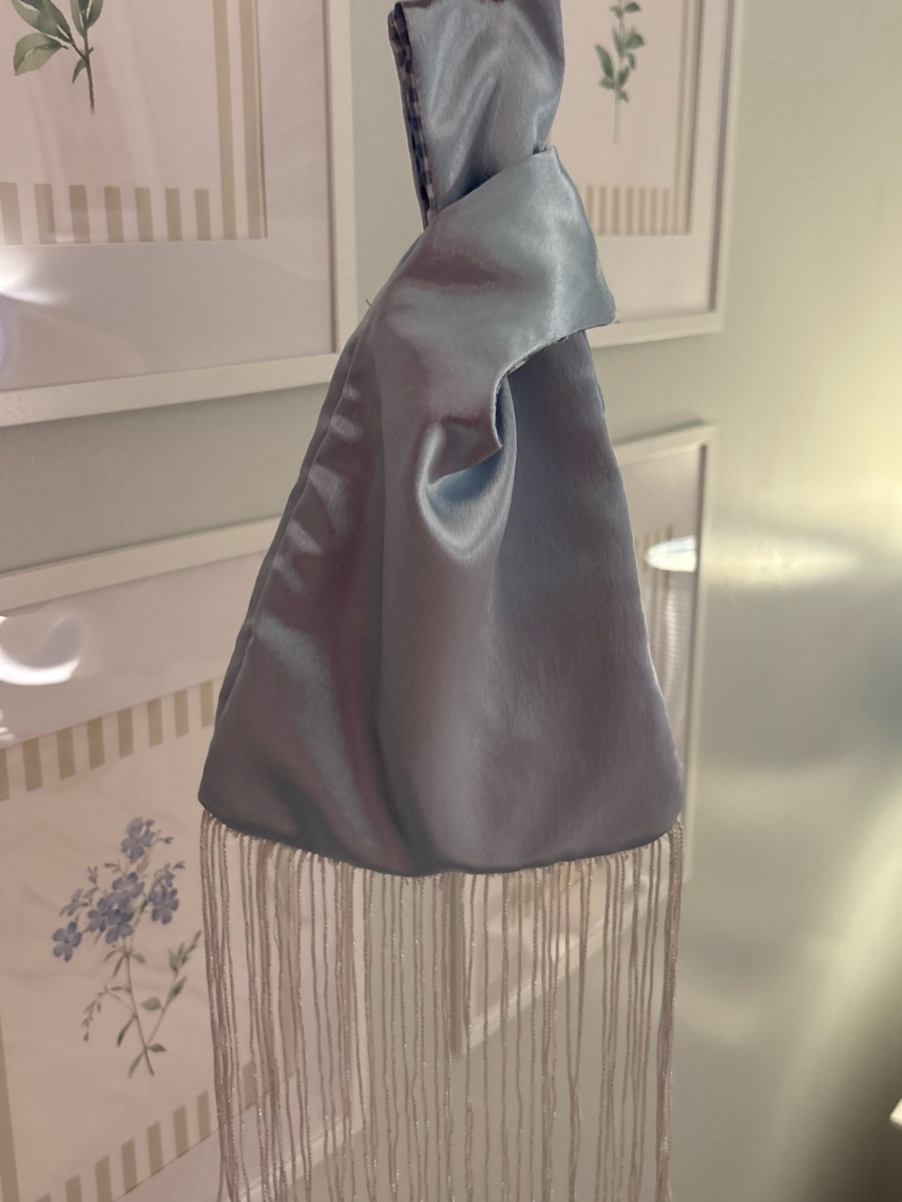 Light blue Silk knot long silver fringe bag